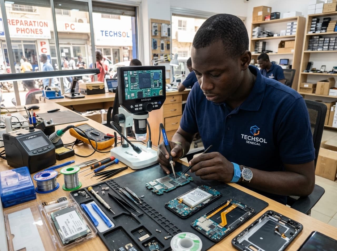 Réparation téléphone/PC — prestataire au travail